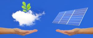 مزایای نیروگاه خورشیدی 300x123 - Solar Panel With Hand, Green Plant, Sky Background