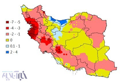 شیب تغییرات خطی بارش از سال 1977 تا 2012 را نشان می‌دهد اعداد منفی copy - گرمایش جهانی و تغییرات اقلیمی : یک چشم انداز جامع با اشاره به تاثیرپذیری ایران
